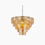 Sciolari five-tier amber and clear glass chandelier, hand-forged pewter iron frame, front studio view