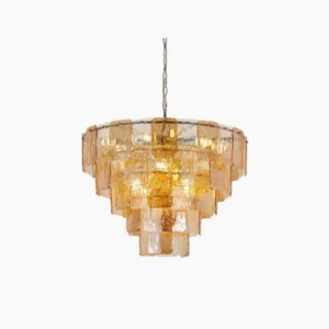 Sciolari five-tier amber and clear glass chandelier, hand-forged pewter iron frame, front studio view