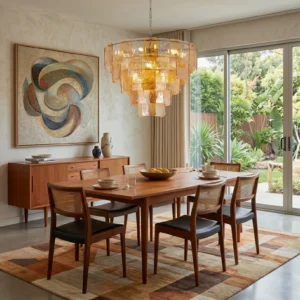 Hand-shaped amber and clear glass tiers glowing warmly in modern dining room, mid-century chandelier styling
