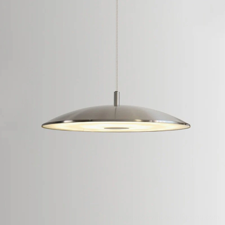 Wide silver scope LED pendant light front view studio with smooth metallic rim