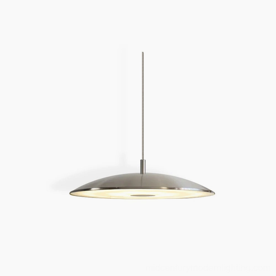 Scope LED pendant light with silver metallic finish, studio front view