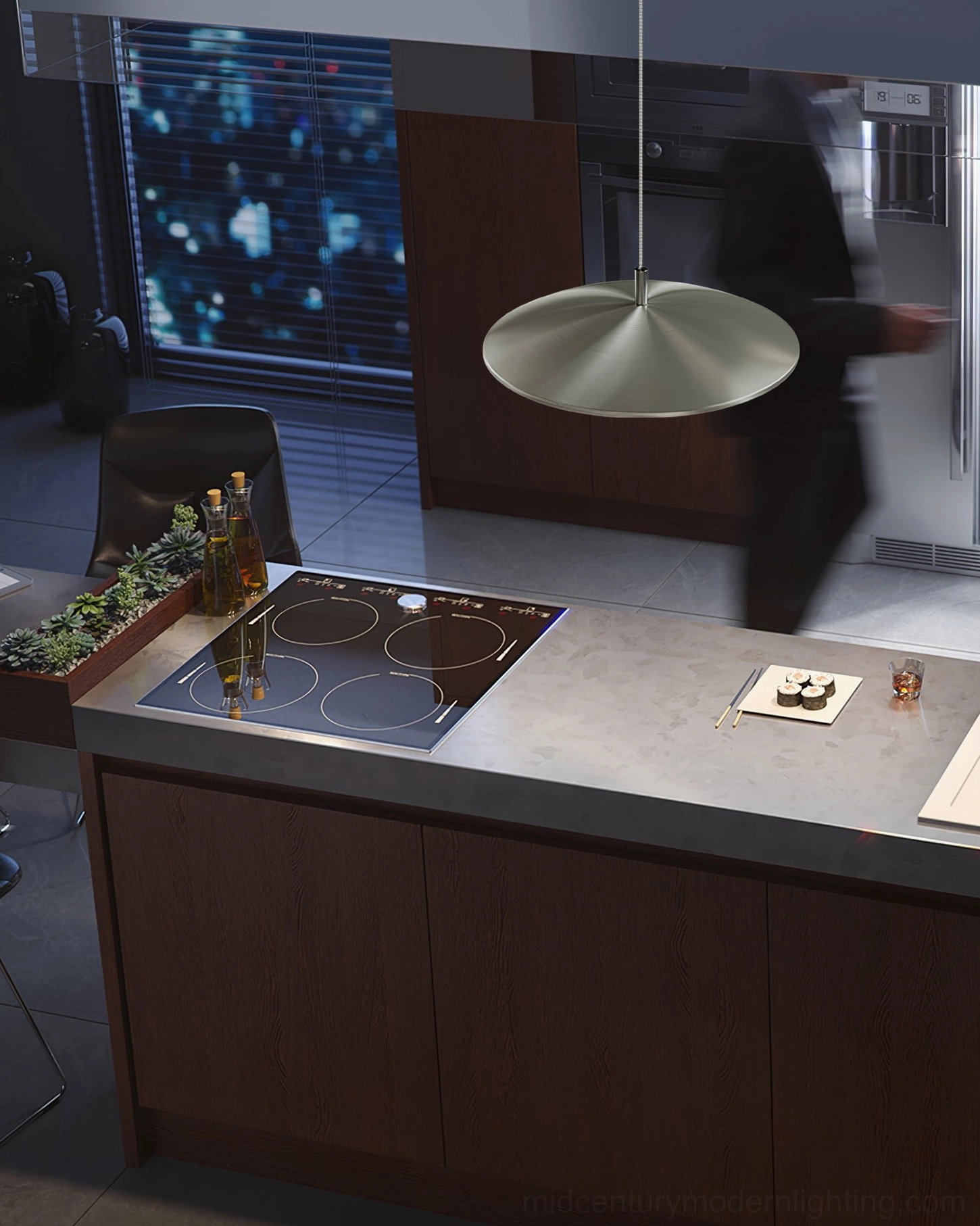 Scope LED pendant overhead view in modern industrial kitchen with minimalist design