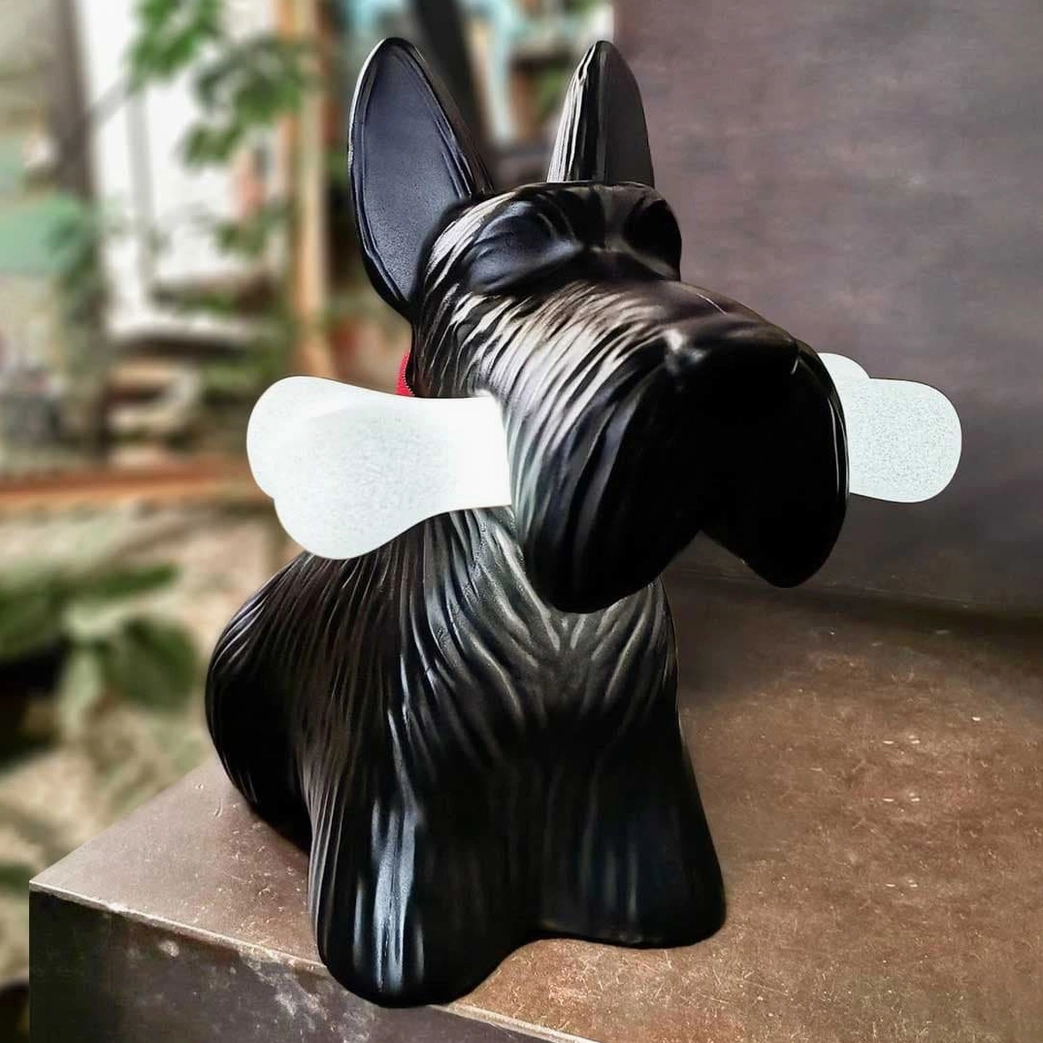 Black Scottie terrier table lamp functional art piece with glowing bone light element