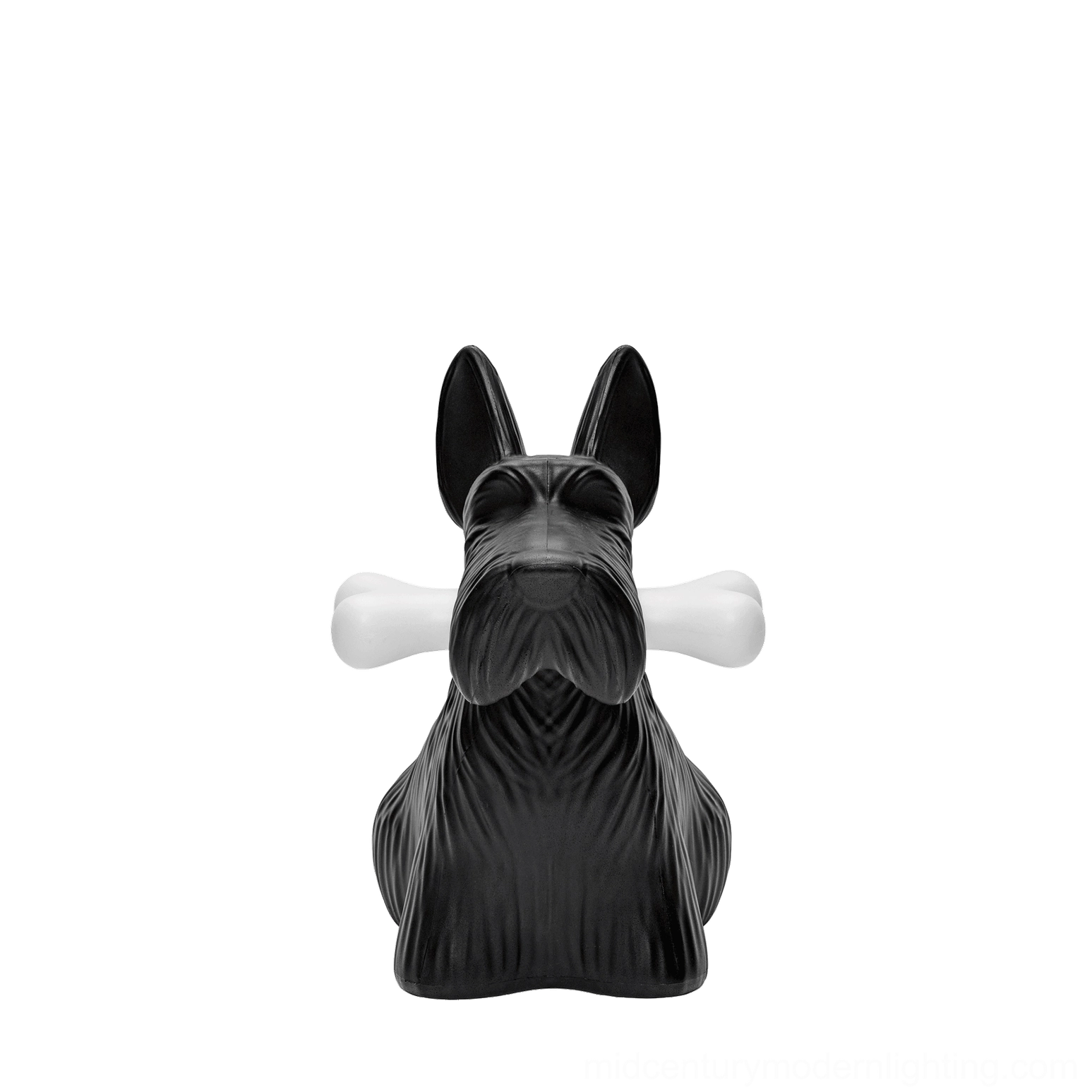Black Scottie terrier table lamp with illuminated bone light, solid matte finish front view against white background