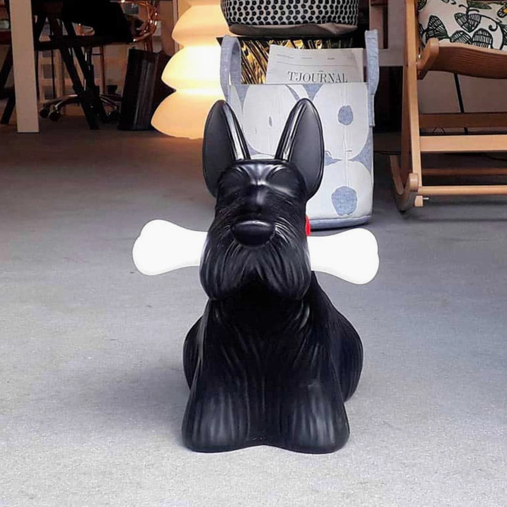 Black Scottie terrier lamp standalone product shot showcasing design proportions and bone light glow