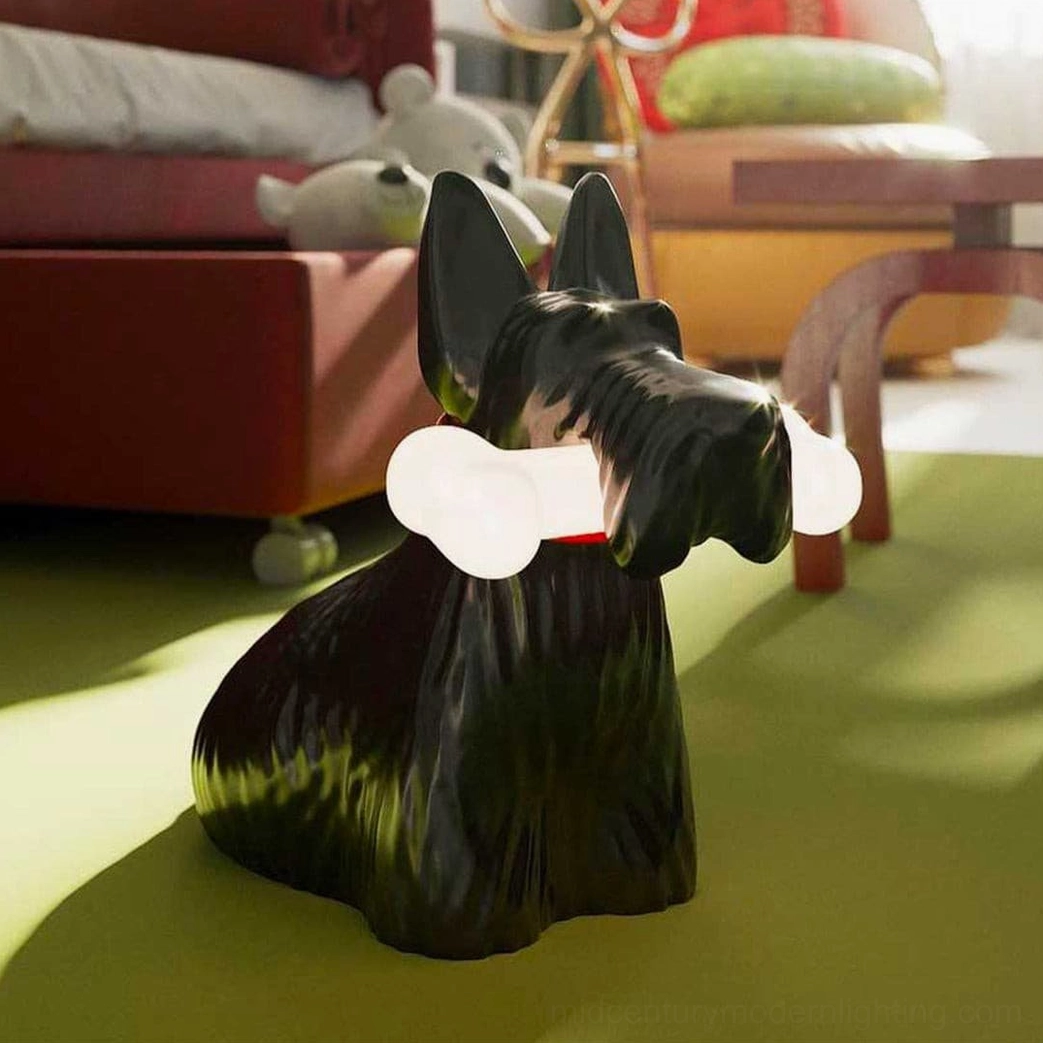 Scottie terrier table lamp with red collar detail and textured matte finish close-up