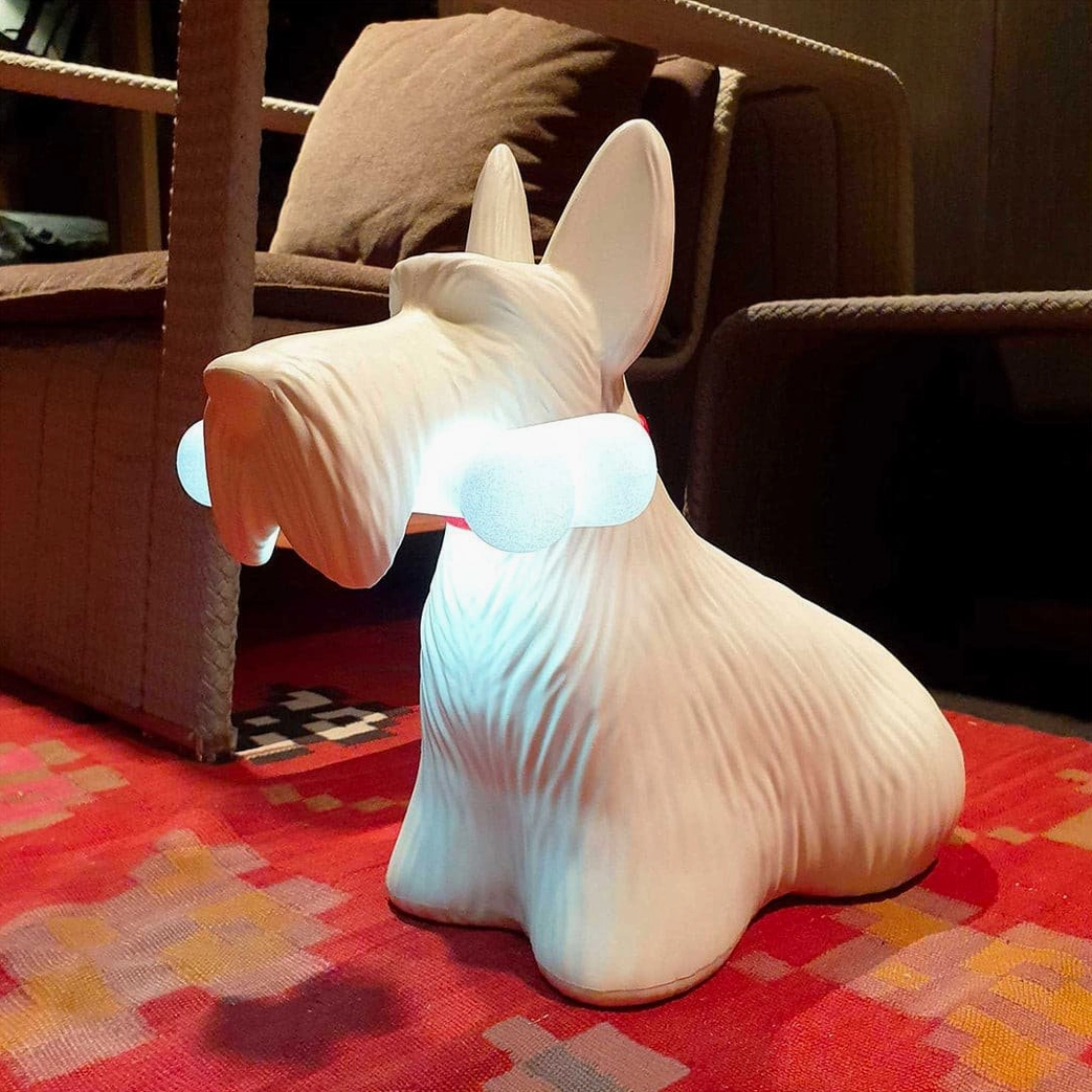 Scottie dog table lamp resin material showcase with textured matte finish