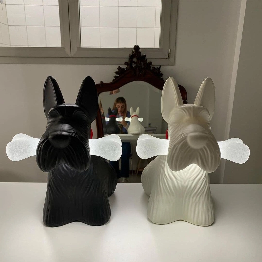 Scottie dog resin lamp side view showing integrated bone light illumination and texture