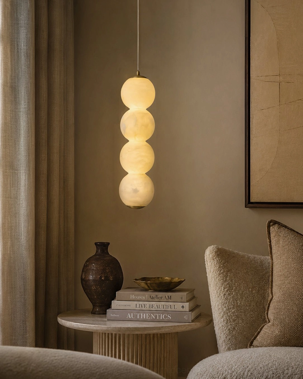 Suspended sculptural alabaster globe pendant lighting modern interior minimalist aesthetic