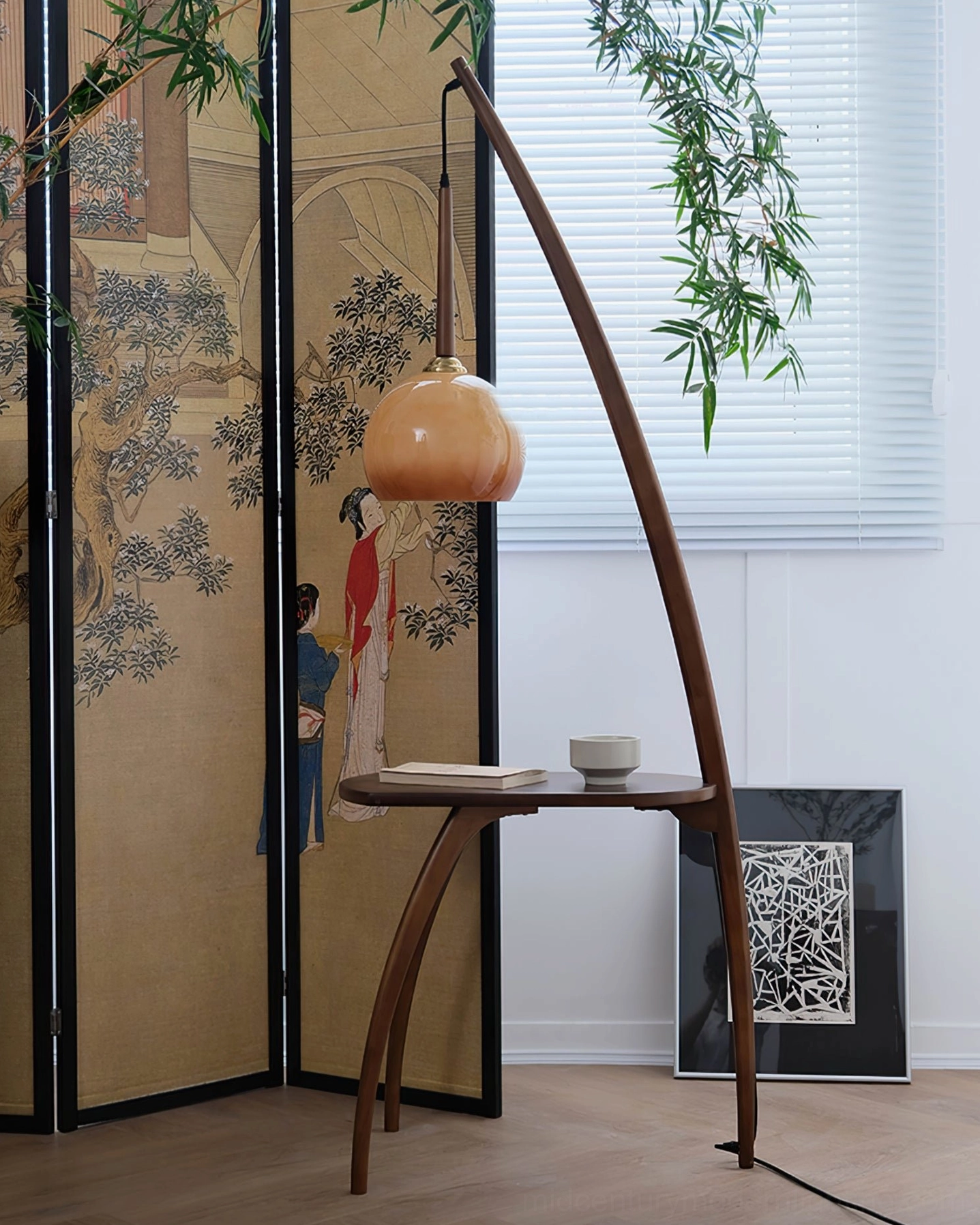 Domus Pollo arc lamp, sculptural floor lamp with integrated side table, modern interior accent