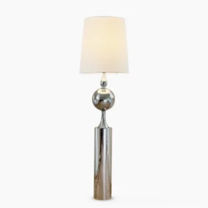 Sculptural chrome floor lamp with articulated arm and off-white fabric shade on pure white background - front view showing modern minimalist design