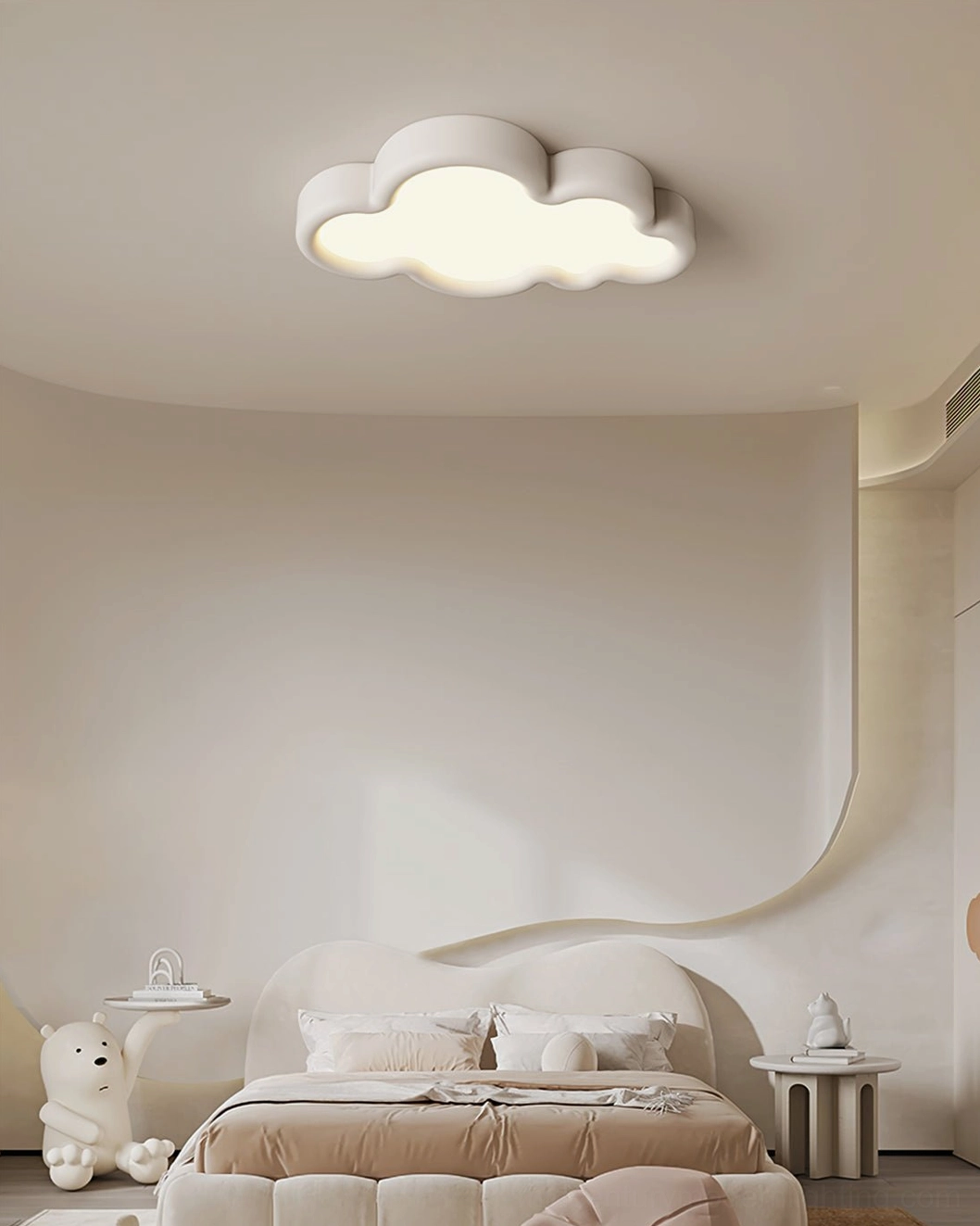 Sculptural cloud light fixture creating soft diffused illumination in room