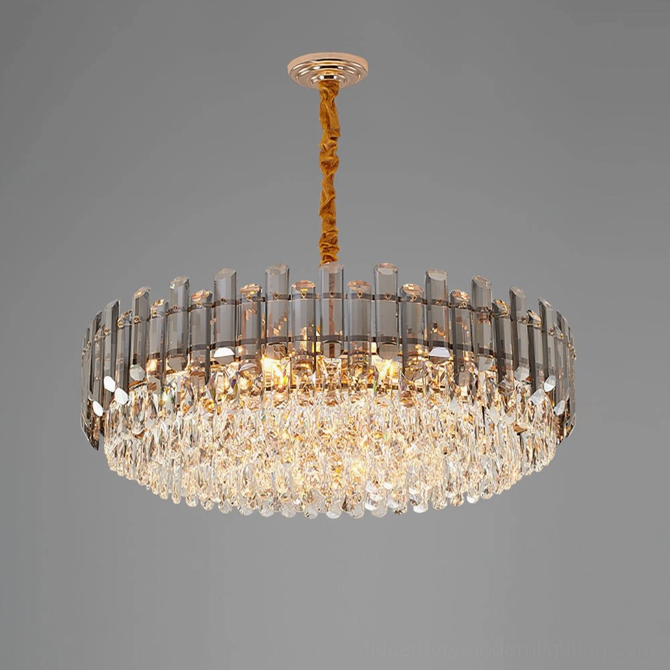 Modern sculptural crystal chandelier combining minimalist geometry with crystalline luxury lighting elements