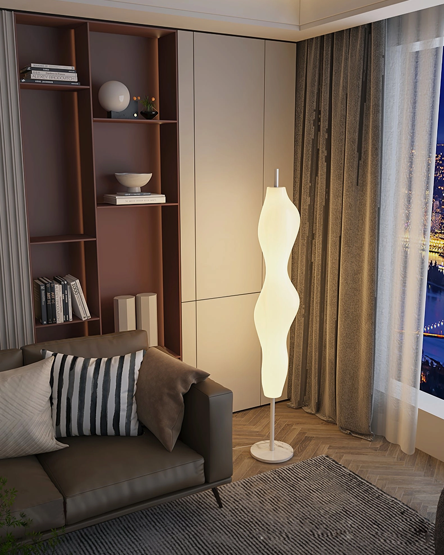 Sculptural white floor lamp with organic curved form as focal point in room