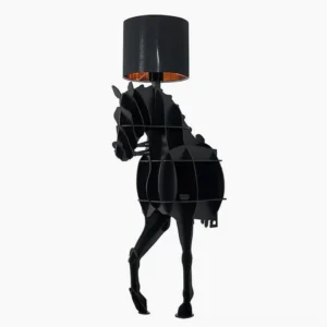Sculptural horse floor lamp with integrated shelf, frontal view showing matte black silhouette and fabric shade in modern studio setting