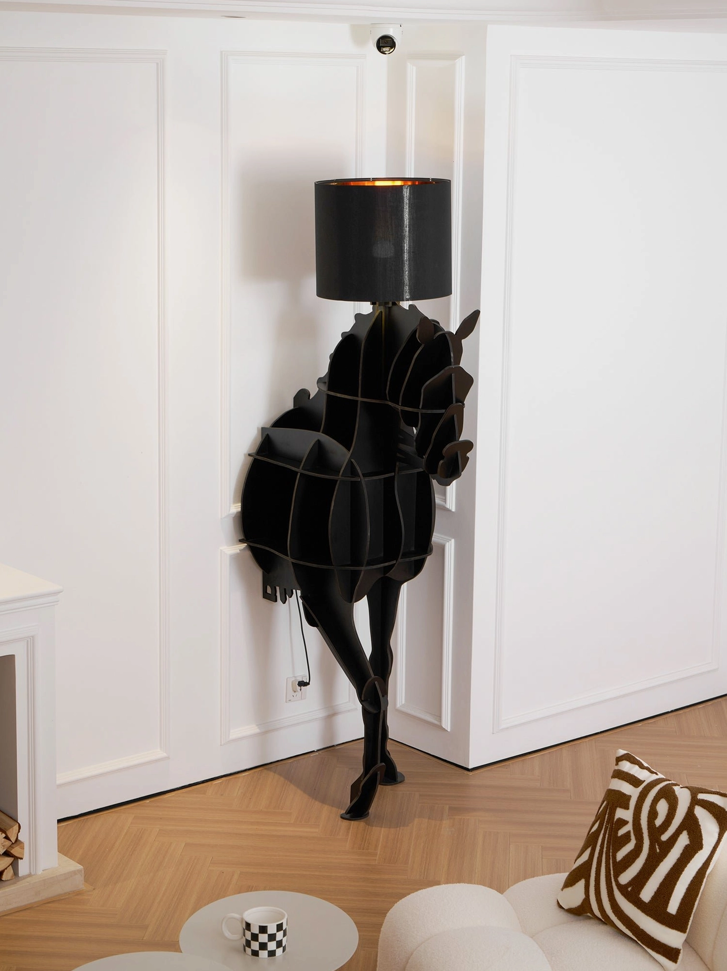 Modern sculptural horse floor lamp with fabric shade, full-scale silhouette in contemporary interior setting