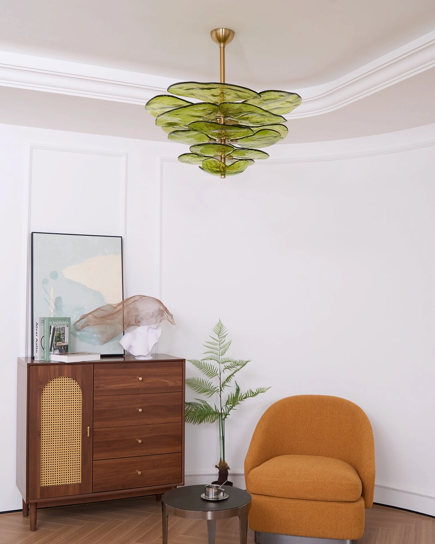 Sculptural lotus flower chandelier with layered hand-blown glass and brass frame details