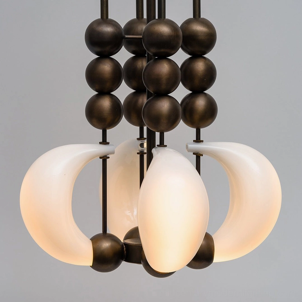 Large sculptural pendant chandelier with thick opal glass curved shades and bronze metal spherical details - artistic lighting fixture