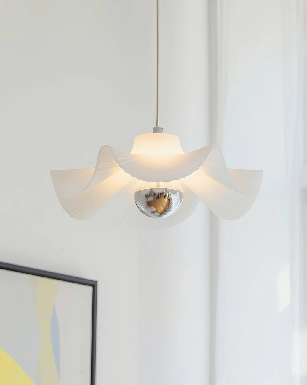 Sculptural pleated lamp for contemporary interiors, handcrafted PE shade with aluminum frame