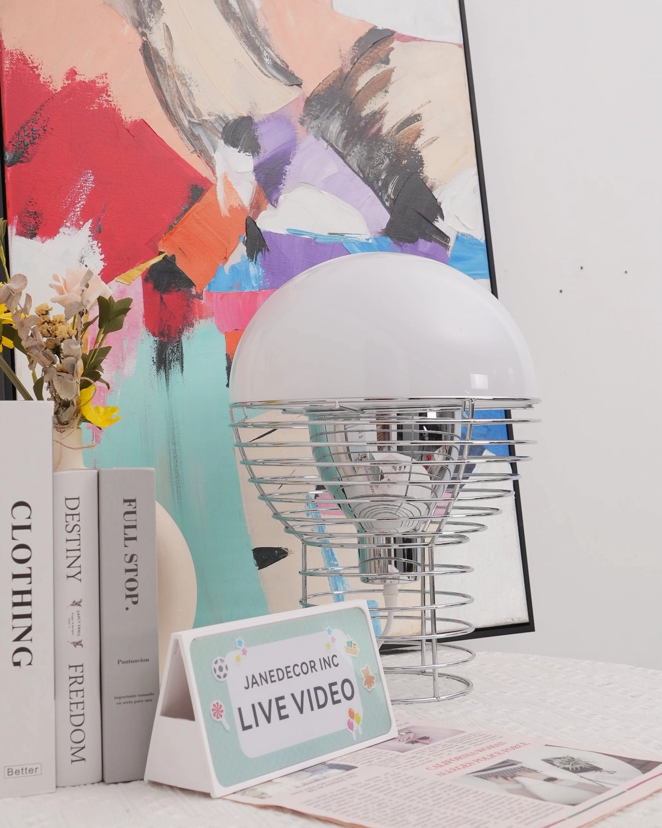 Sculptural wire cage table lamp full product presentation minimalist design