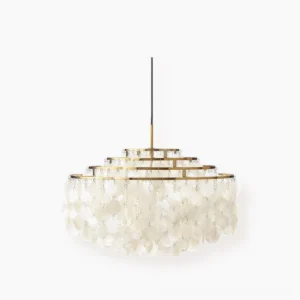 Seashell pendant light with tiered chrome frame and white shell discs, front studio view mid-century modern coastal chandelier