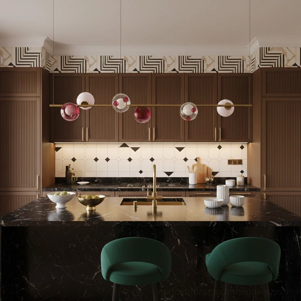Dark wood kitchen with Sedna linear chandelier above black marble island - geometric tile backsplash with red glass orbs accent