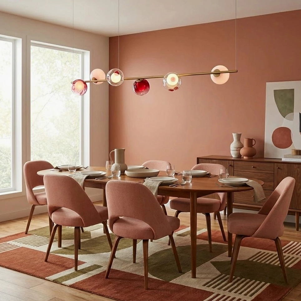 Bright dining space with Sedna linear chandelier featuring warm mixed-tone glass globes - terracotta accent wall and pink dining chairs
