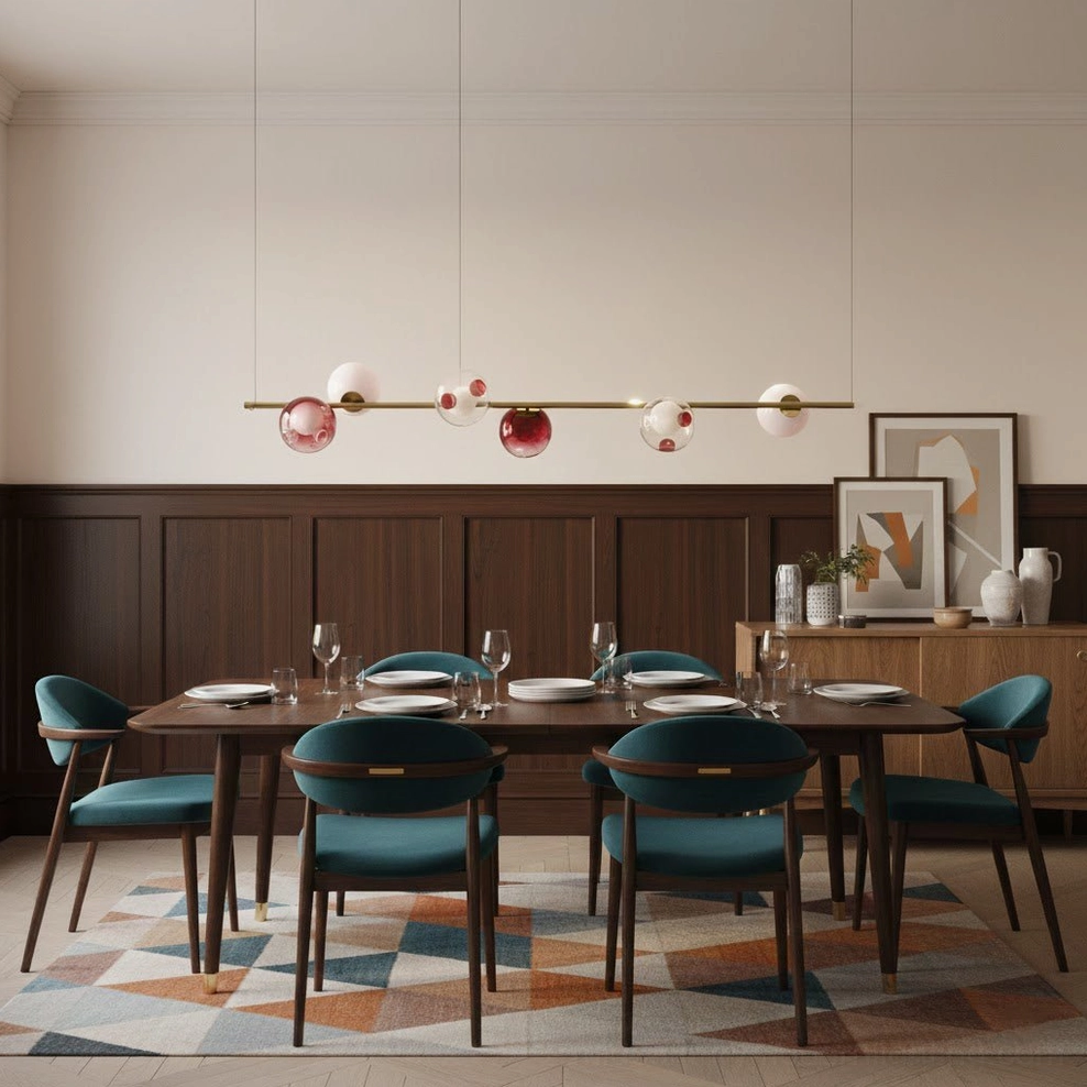 Formal dining room with Sedna linear chandelier - teal velvet dining chairs, geometric rug, brass rod with mixed glass orbs