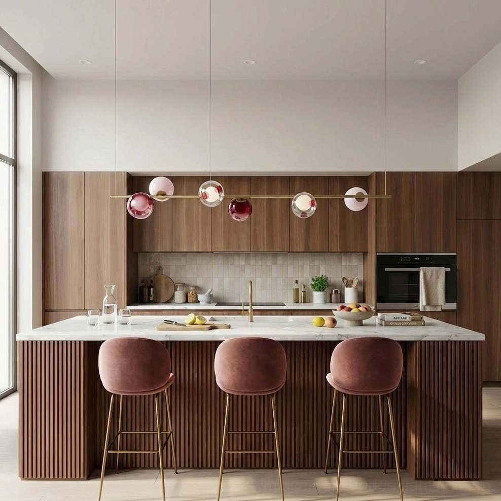 Modern mid-century kitchen with Sedna linear chandelier above island - warm wood tones and velvet bar stools