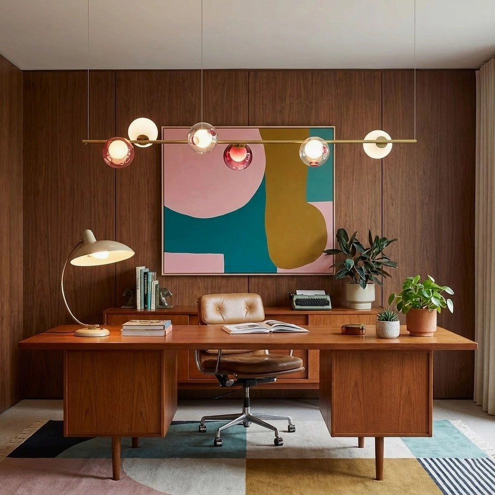 Executive home office with Sedna linear pendant light - wood paneling and abstract wall art in warm mid-century modern luxury design