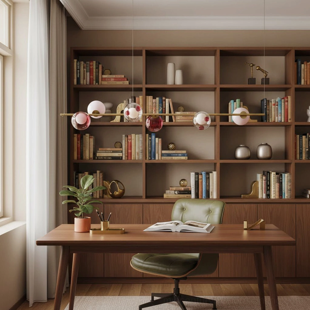 Home office and study with Sedna linear chandelier above wooden desk - built-in bookshelves and mid-century modern workspace