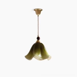 Selene mid-century modern botanical pendant light with sage green gradient glass shade and brass fittings, front view on white background