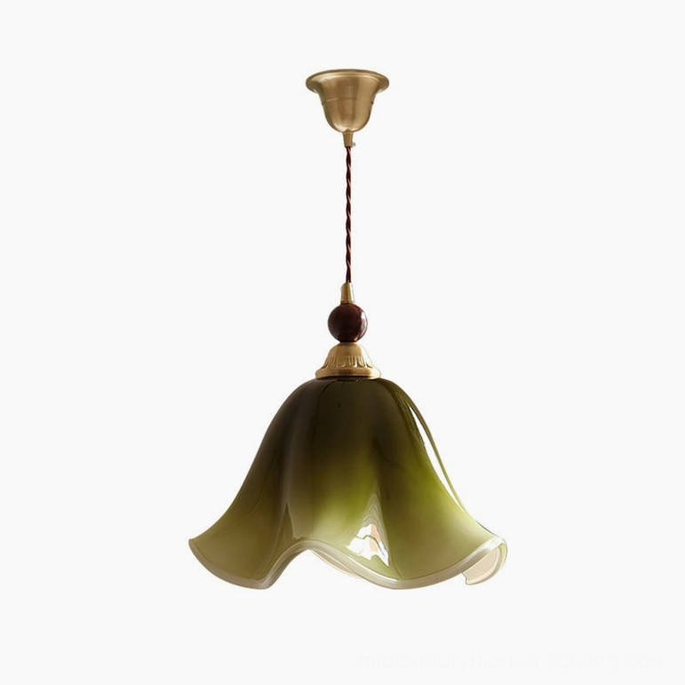 Selene botanical pendant light in green walnut finish hanging in minimalist modern interior space
