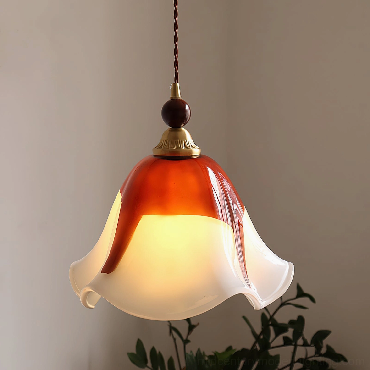 Selene pendant light glowing indoors with green foliage showing warm botanical inspired design aesthetic