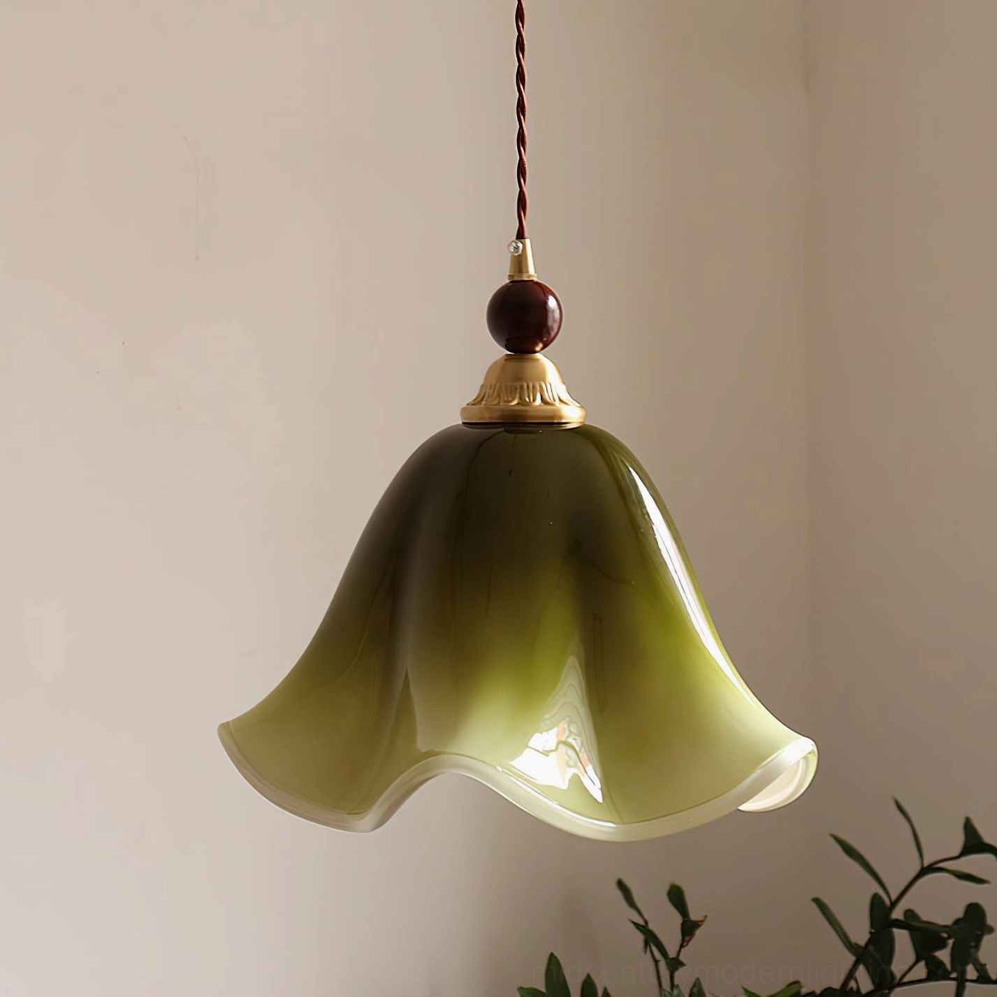 Selene mid-century modern pendant light detail shot showing brass fittings and glass petal shade construction