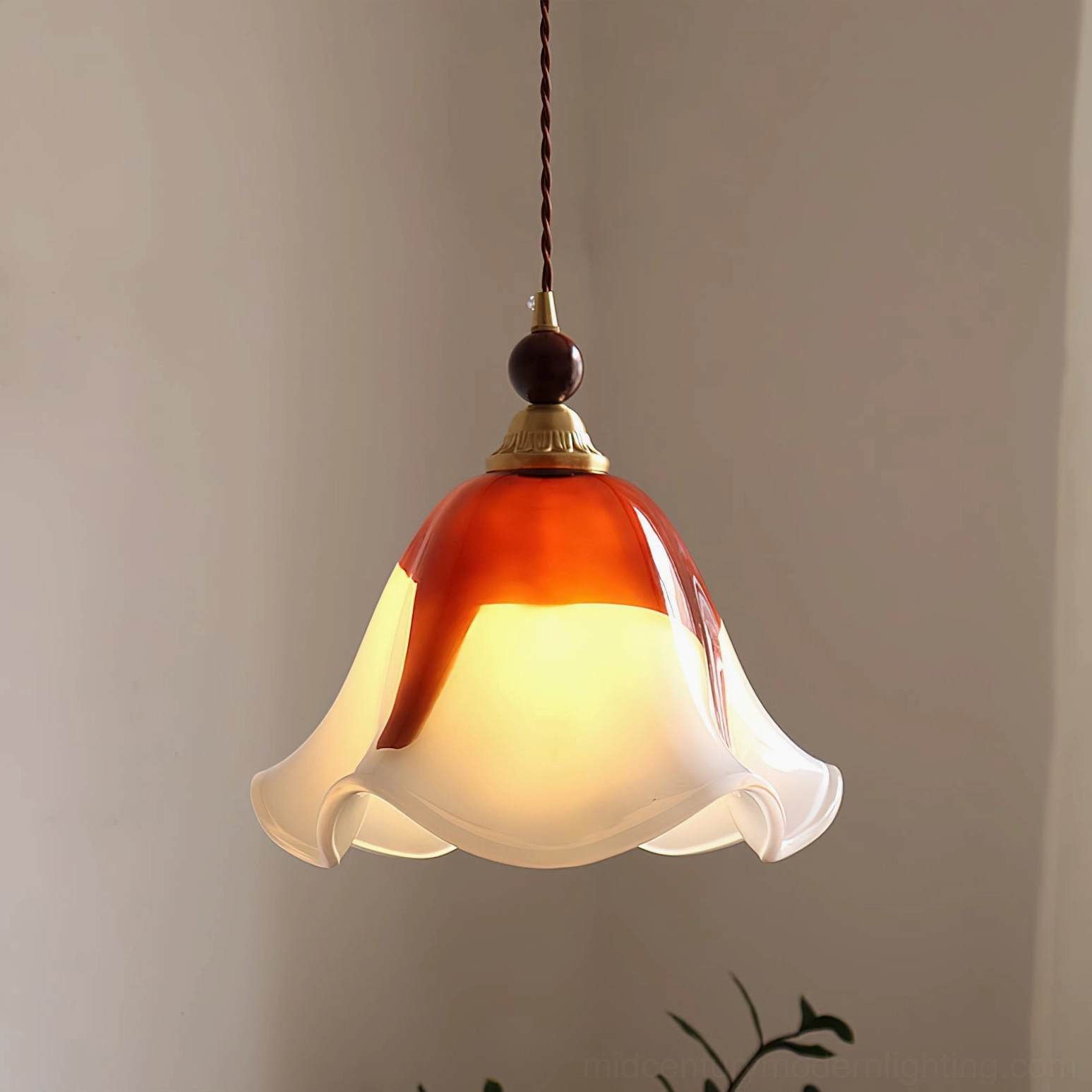 Selene pendant light installation perspective showing ceiling canopy and pendant drop height
