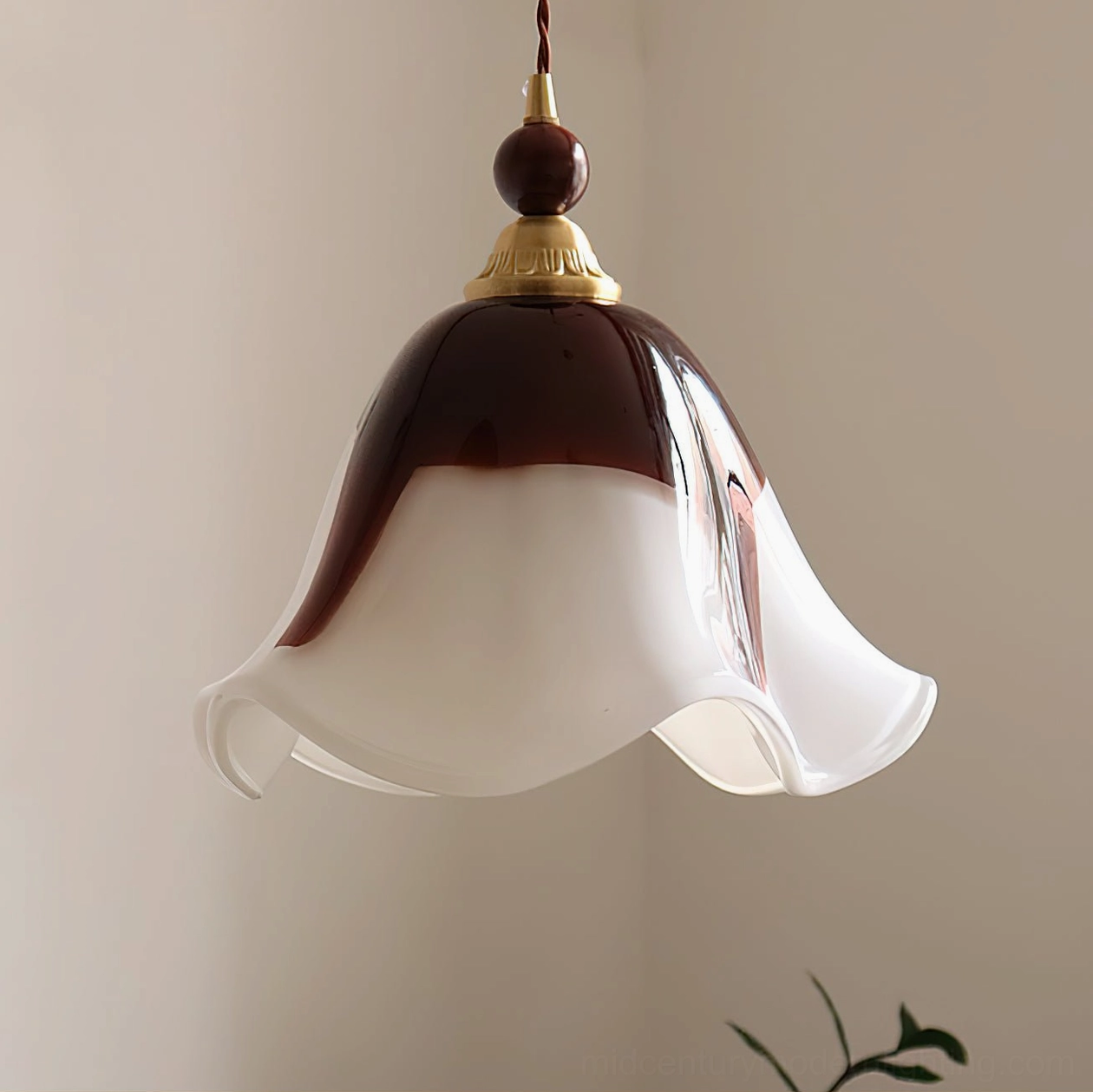 Selene pendant light showing color palette options in green walnut and cream brown finishes
