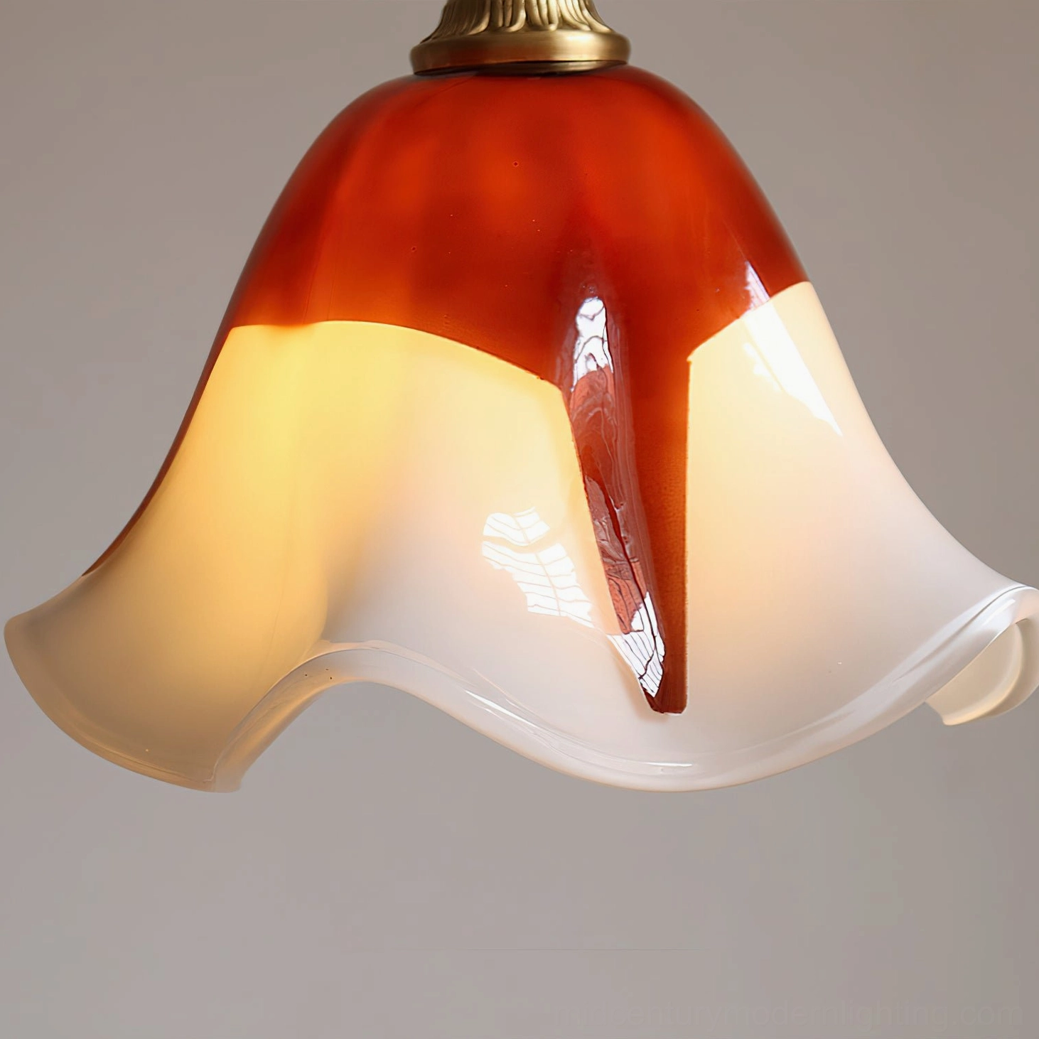 Red-white gradient Selene pendant light with glossy wavy glass emitting bright warm light
