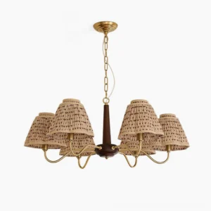 Selva mid-century modern fabric chandelier with 8 smocked pleated shades, brass hardware, and walnut wood pole—front flat product view on white background