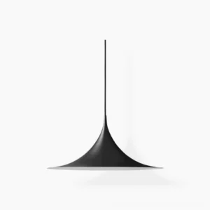 Semi arch pendant light in black lacquered aluminum, front studio view with pure white background showing iconic geometric design