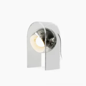 Sensorette Touch table lamp with clear acrylic cylinder and chrome base, front view on white background