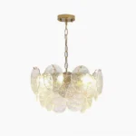 Seraphina Halo Chandelier front view white studio background showing layered textured glass discs and brass frame