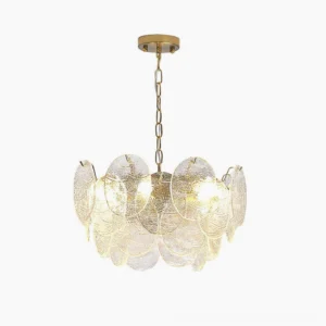 Seraphina Halo Chandelier front view white studio background showing layered textured glass discs and brass frame