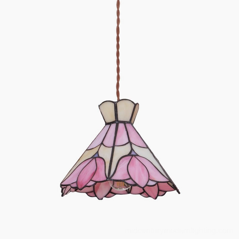 Serena pink Tiffany tulip pendant light 7.9 inch diameter showing complete fixture design and color palette