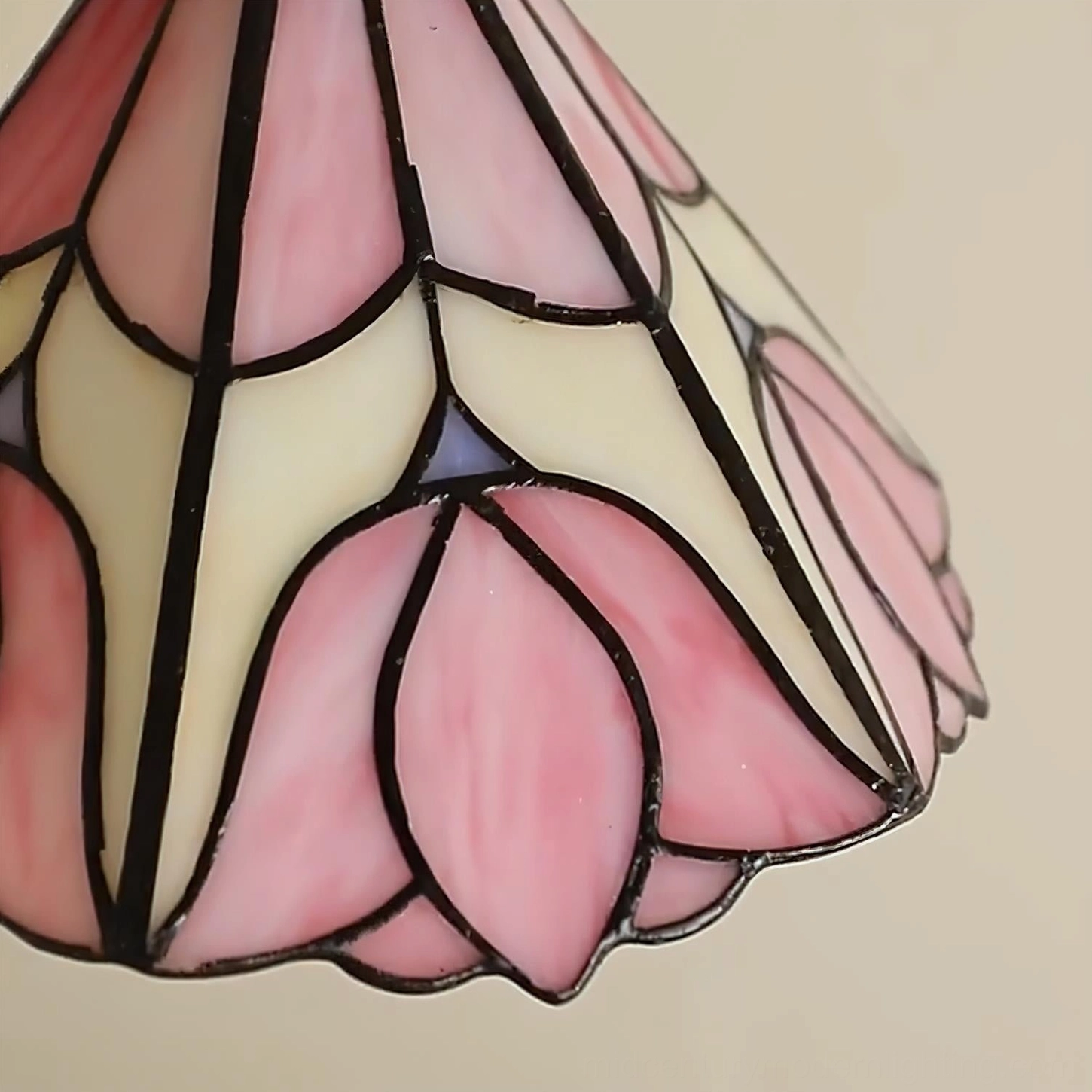 Serena pink tulip Tiffany pendant light fixture showing full brass assembly and glass panel construction details