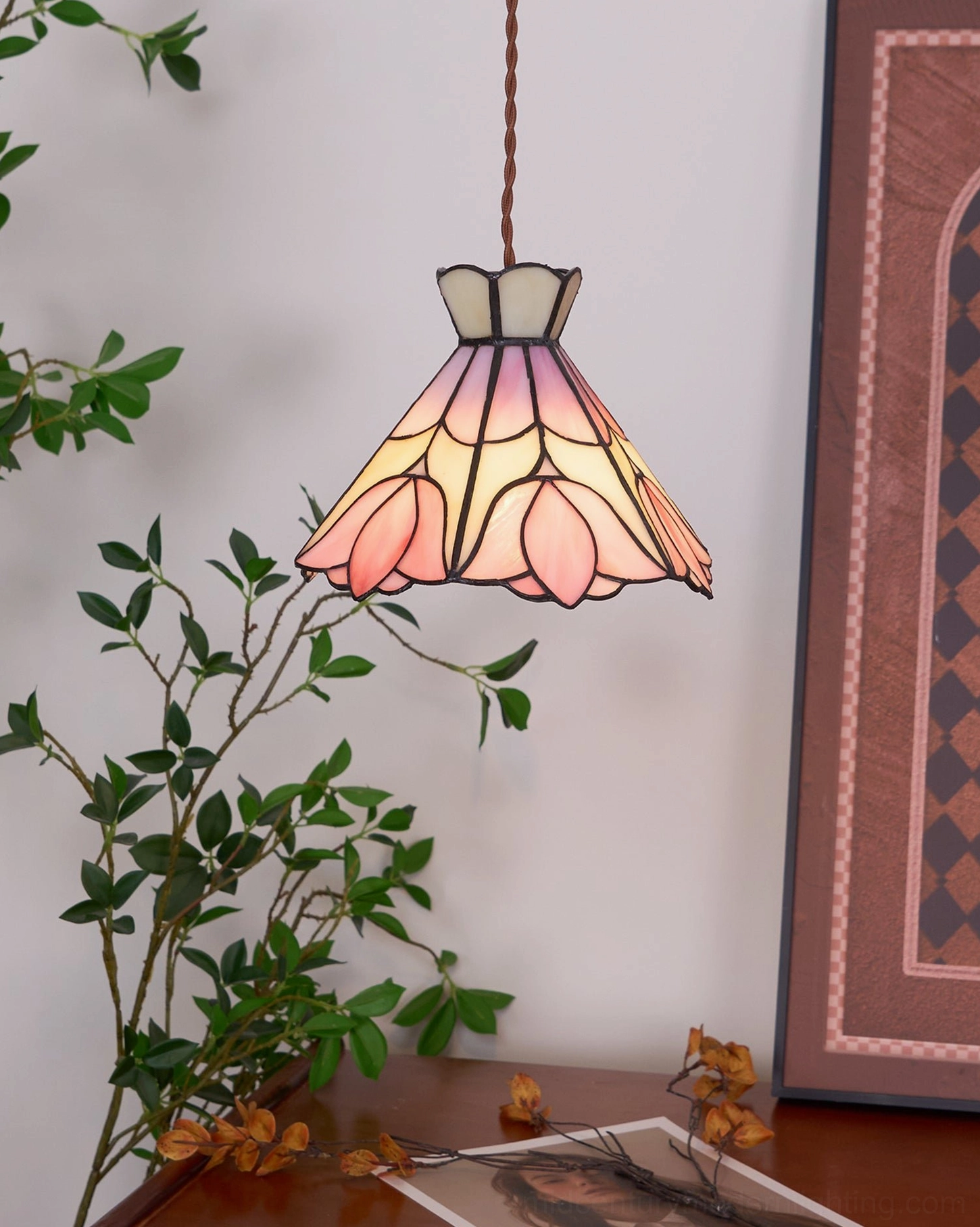 Mini Serena tulip pendant lamp in oblique hanging view over desk area demonstrating classic vintage Tiffany design