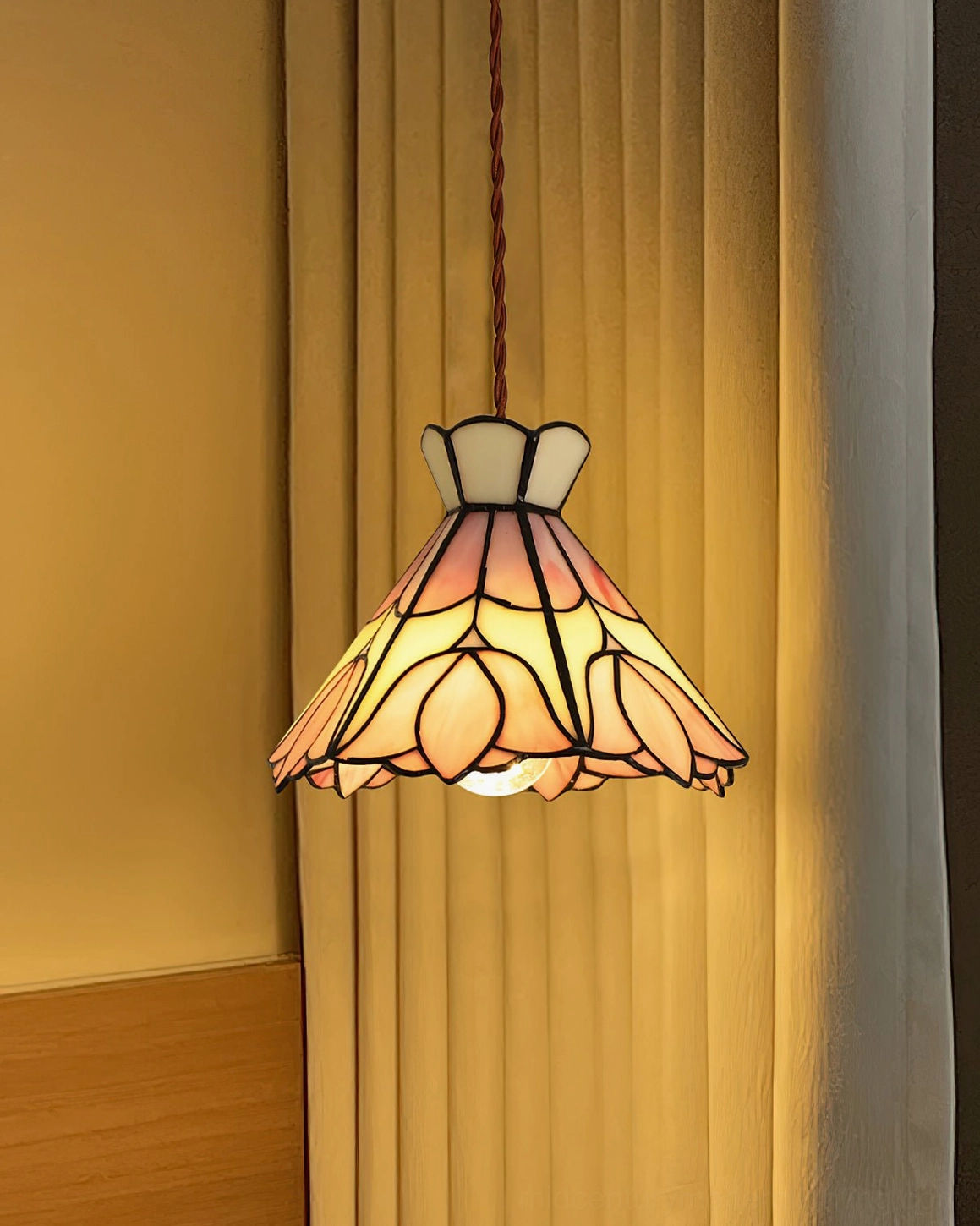 Serena Tiffany tulip pendant lamp featuring handcrafted stained glass panels and vintage-inspired brass frame
