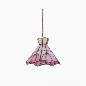 Serena pink stained glass tulip pendant light with brass frame on white background, showcasing handcrafted Tiffany glass panels