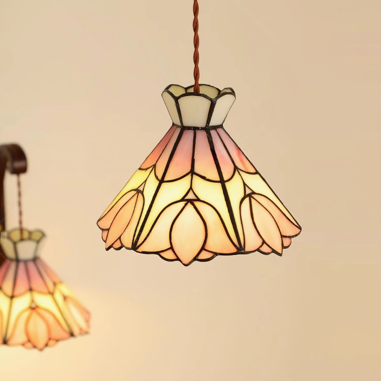 Serena vintage pendant light showcasing delicate pink glass petals and brass hardware construction details