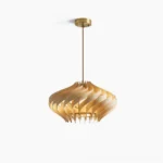 Serentia wooden spiral pendant light with layered slats, studio product shot on white background showing natural wood texture and metal hardware